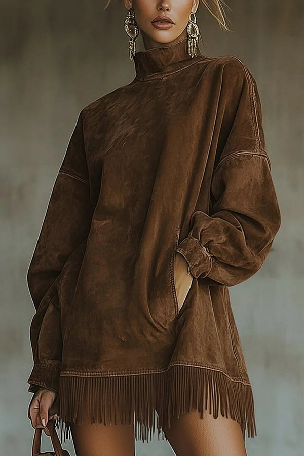 SUEDE HIGH-NECK TASSEL MINI DRESS