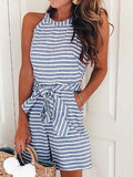 Lunimesd Crewneck Sleeveless Bow-knot Striped Romper