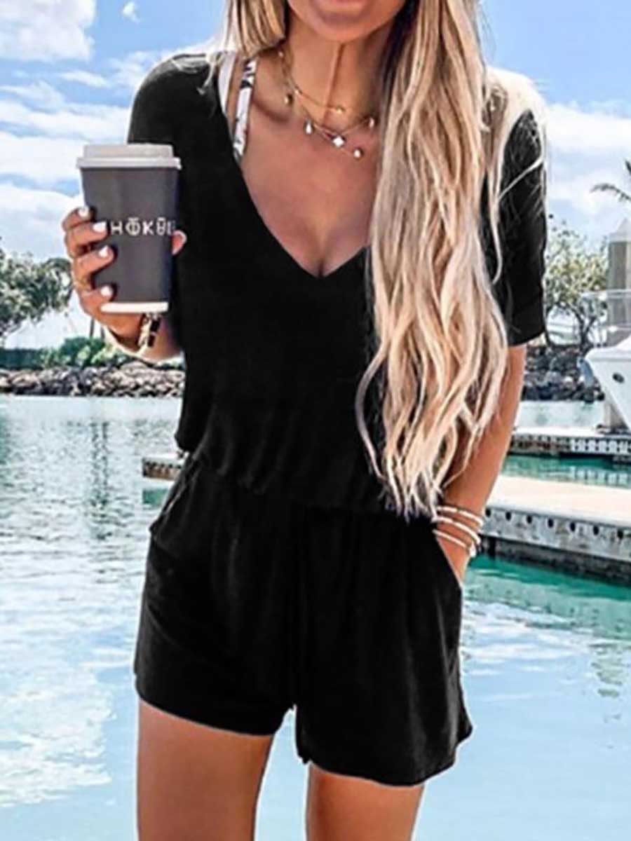Lunimesd V Neck Black Casual One-piece Romper