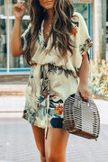 Lunimesd Short Sleeve Floral Printed Lace-up Dress