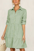Lunimesd Rolled Up Sleeve Button Down Ruffle Dress