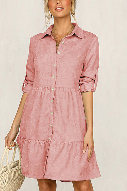 Lunimesd Rolled Up Sleeve Button Down Ruffle Dress
