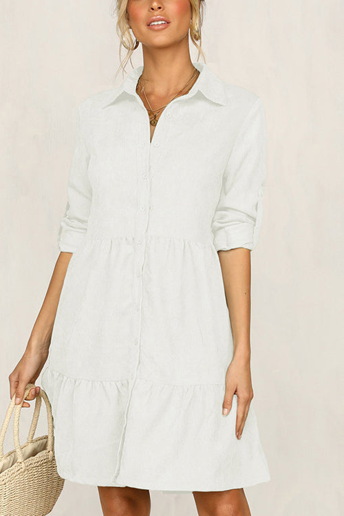 Lunimesd Rolled Up Sleeve Button Down Ruffle Dress