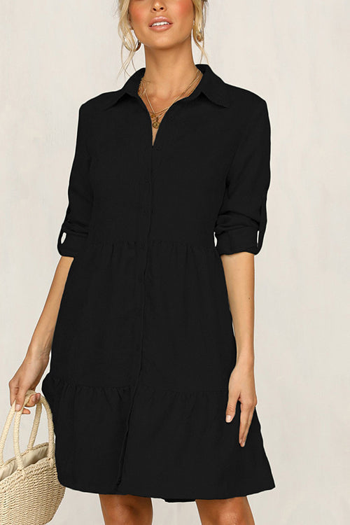 Lunimesd Rolled Up Sleeve Button Down Ruffle Dress
