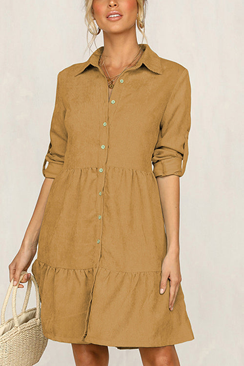 Lunimesd Rolled Up Sleeve Button Down Ruffle Dress