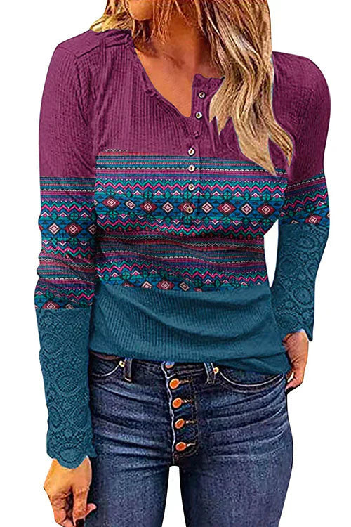 Lunimesd V Neck Buttons Printed Bottoming Shirt