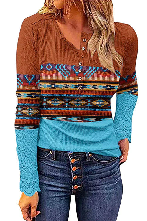 Lunimesd V Neck Buttons Printed Bottoming Shirt