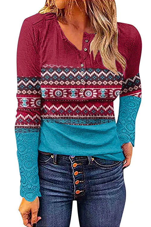 Lunimesd V Neck Buttons Printed Bottoming Shirt