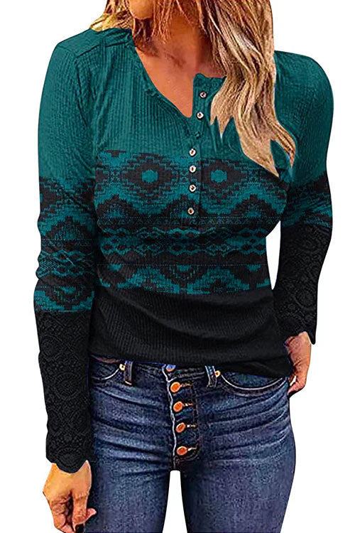 Lunimesd V Neck Buttons Printed Bottoming Shirt