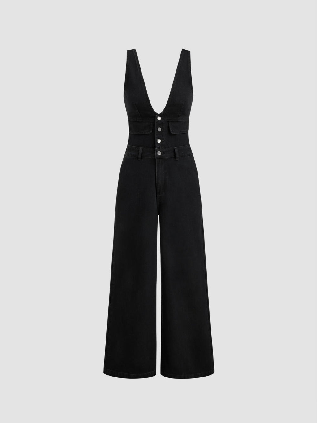 CIDER DENIM V-NECK BUTTON POCKET WIDE LEG JUMPSUIT