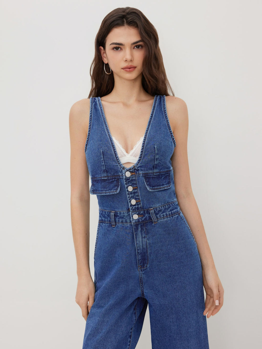CIDER DENIM V-NECK BUTTON POCKET WIDE LEG JUMPSUIT