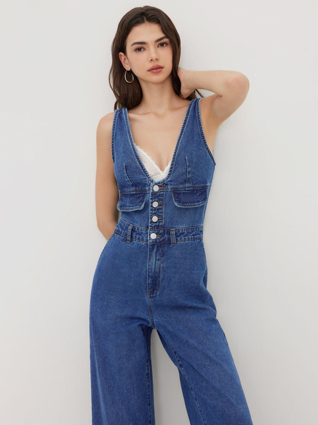 CIDER DENIM V-NECK BUTTON POCKET WIDE LEG JUMPSUIT