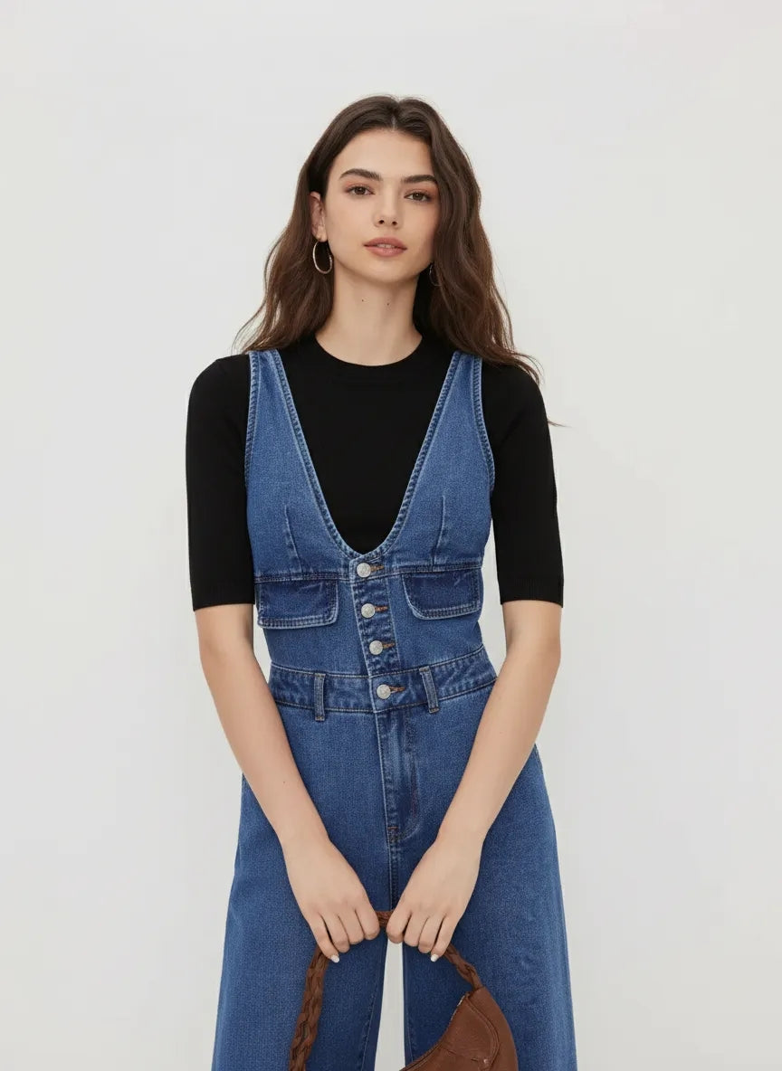 CIDER DENIM V-NECK BUTTON POCKET WIDE LEG JUMPSUIT