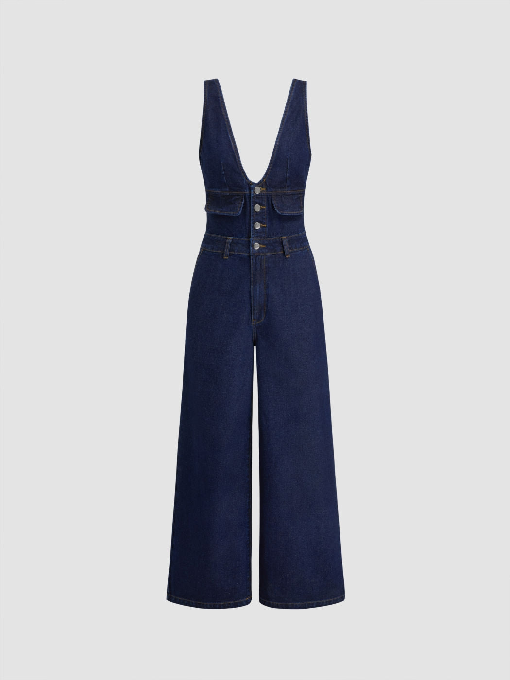 CIDER DENIM V-NECK BUTTON POCKET WIDE LEG JUMPSUIT