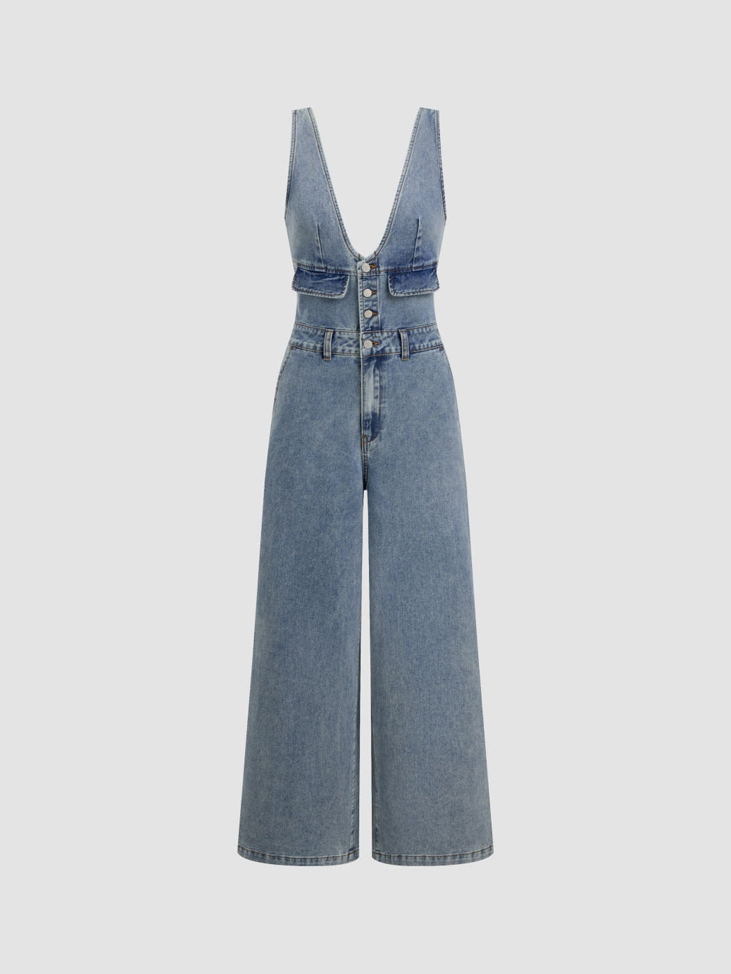 CIDER DENIM V-NECK BUTTON POCKET WIDE LEG JUMPSUIT