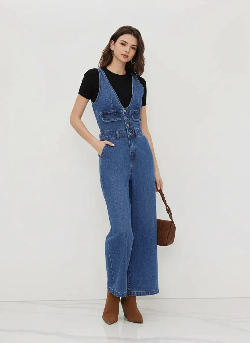 CIDER DENIM V-NECK BUTTON POCKET WIDE LEG JUMPSUIT