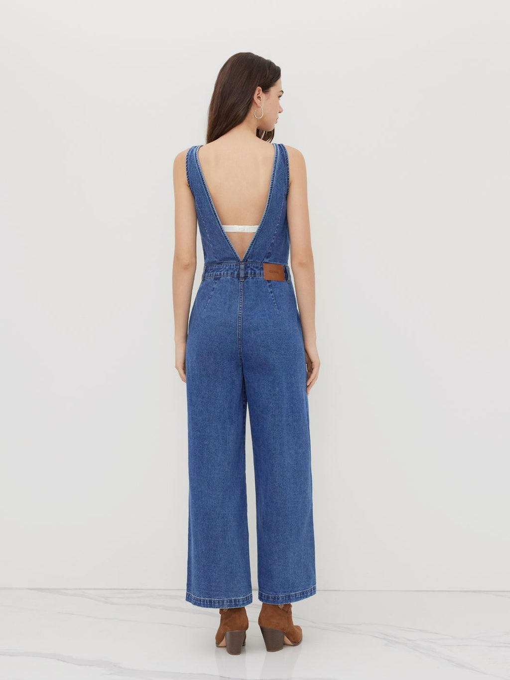 CIDER DENIM V-NECK BUTTON POCKET WIDE LEG JUMPSUIT