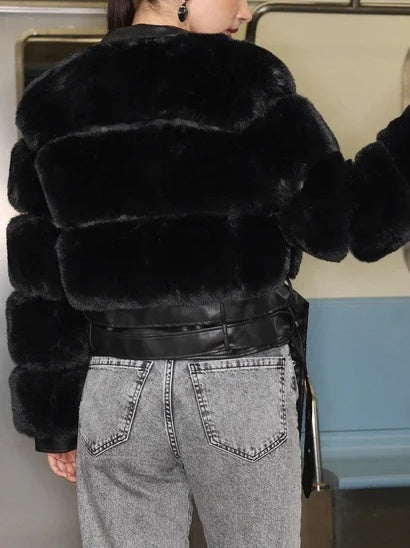 LONG BLACK FAUX FUR LAPEL ZIPPER COAT