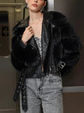 LONG BLACK FAUX FUR LAPEL ZIPPER COAT