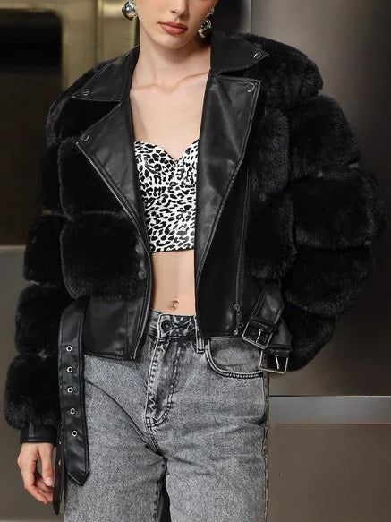 LONG BLACK FAUX FUR LAPEL ZIPPER COAT