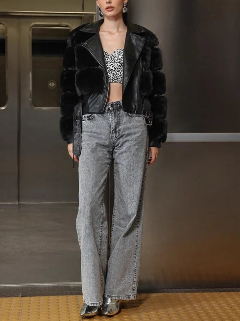 LONG BLACK FAUX FUR LAPEL ZIPPER COAT