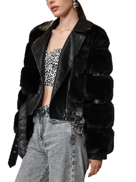 LONG BLACK FAUX FUR LAPEL ZIPPER COAT
