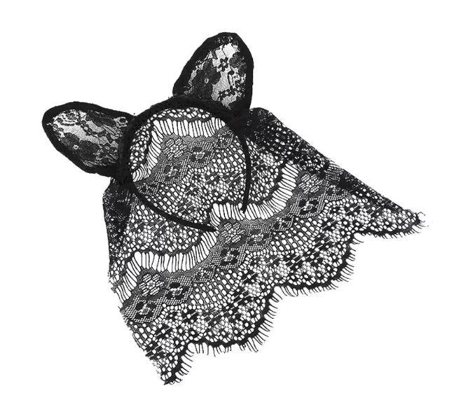 Black Lace Cat-Ear Veil Mask 40