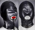 Black full coverage soft PU adjustable strap mask that exposes the mouth.