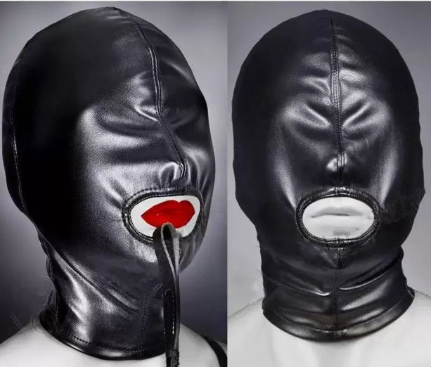Black full coverage soft PU adjustable strap mask that exposes the mouth.