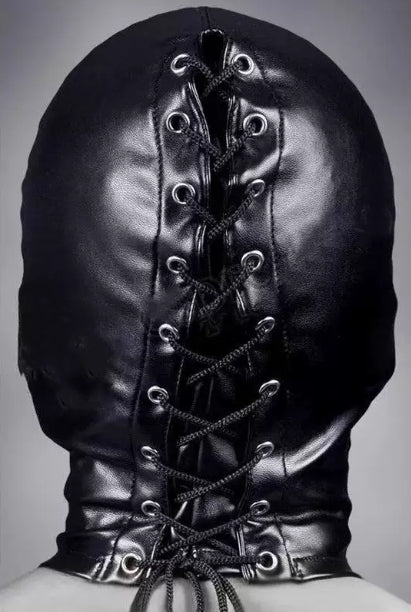 Black full coverage soft PU adjustable strap mask that exposes the mouth.