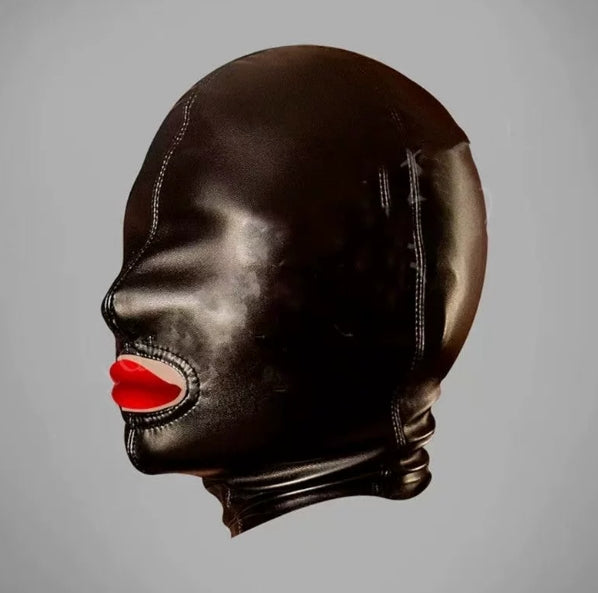 Black full coverage soft PU adjustable strap mask that exposes the mouth.