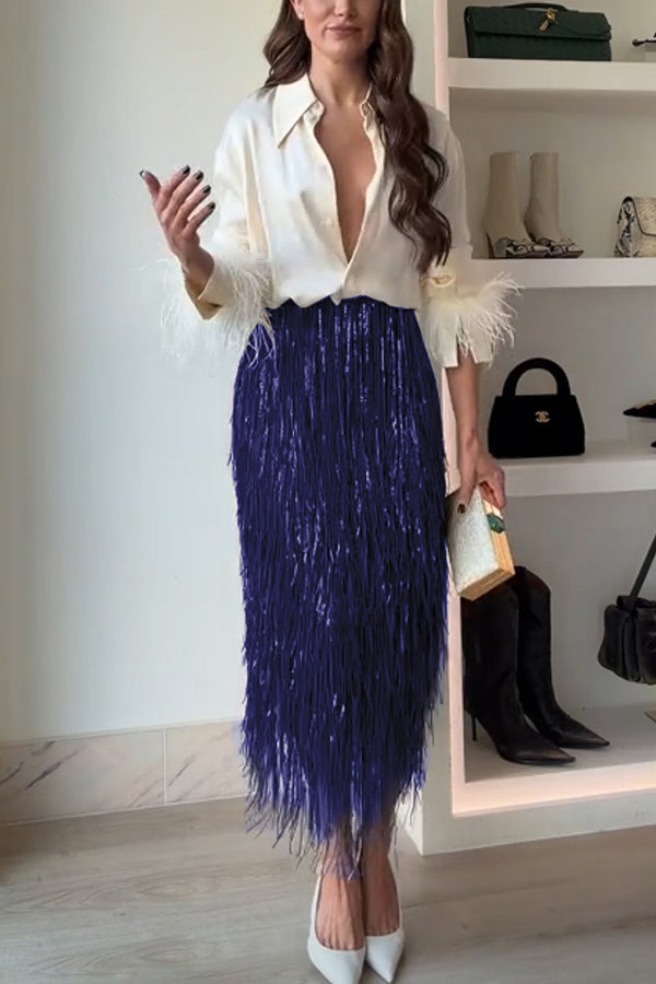 SEQUIN TASSEL HIGH RISE MIDI SKIRT