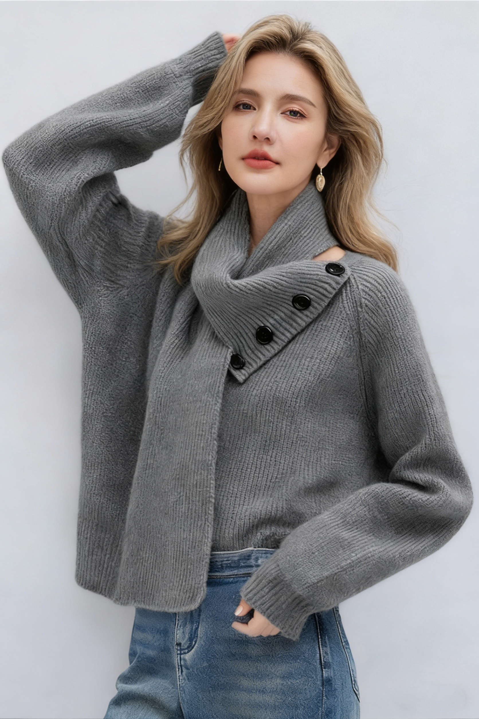 WOOL BLEND V-NECK WOMEN SWEATER WITH DETACHABLE SCARF