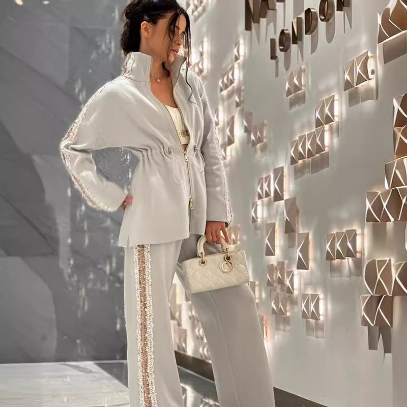 Elegant Sequin-Trimmed Top and Wide-Leg Pants 2-Piece Set