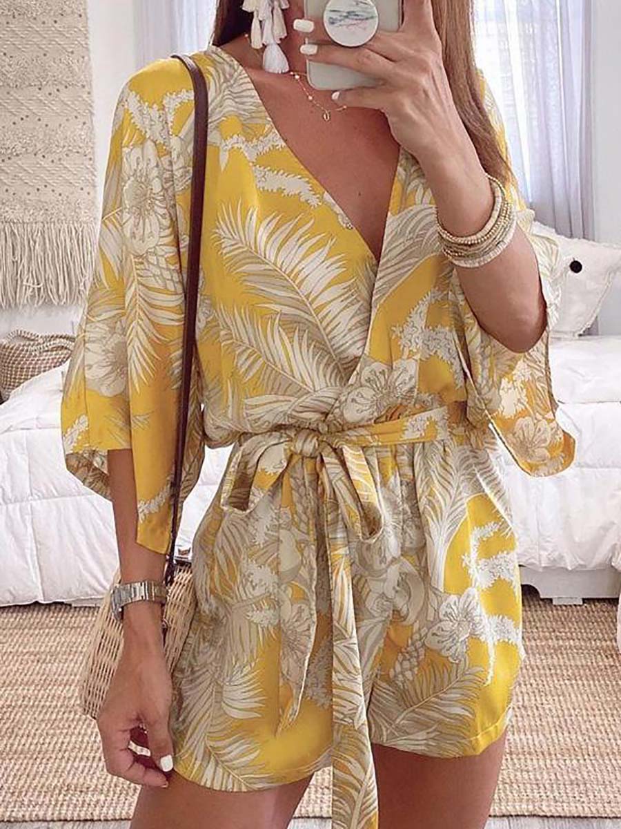 Lunimesd Plant Print Bat Sleeve Kimono Romper