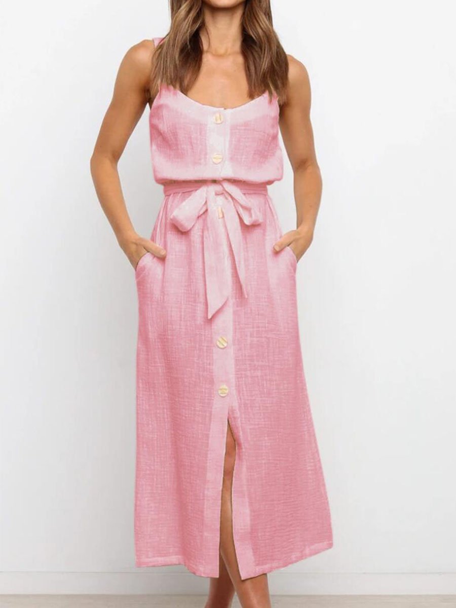 Lunimesd Button Slit Belt Dress