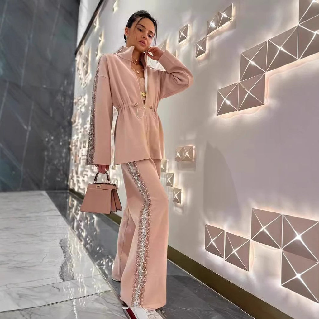 Elegant Sequin-Trimmed Top and Wide-Leg Pants 2-Piece Set