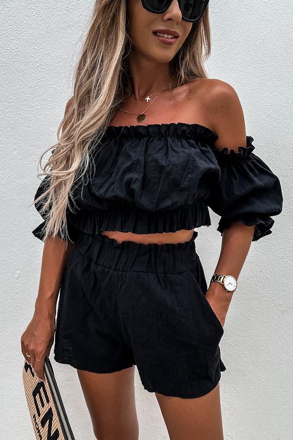 Summer Off Shoulder Linen Shorts Suit