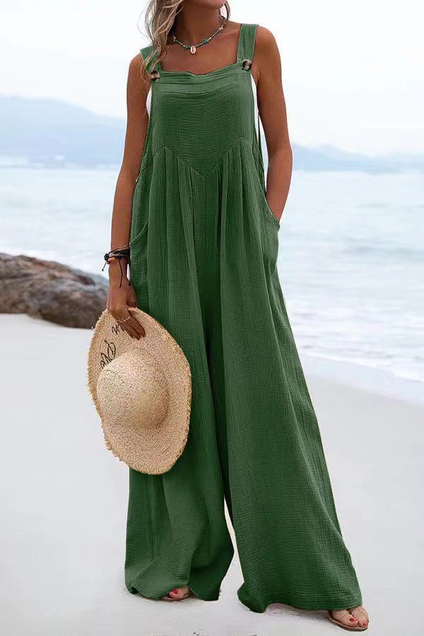Lunimesd Ethnic Button Suspender Wide Leg Line Jumpsuit