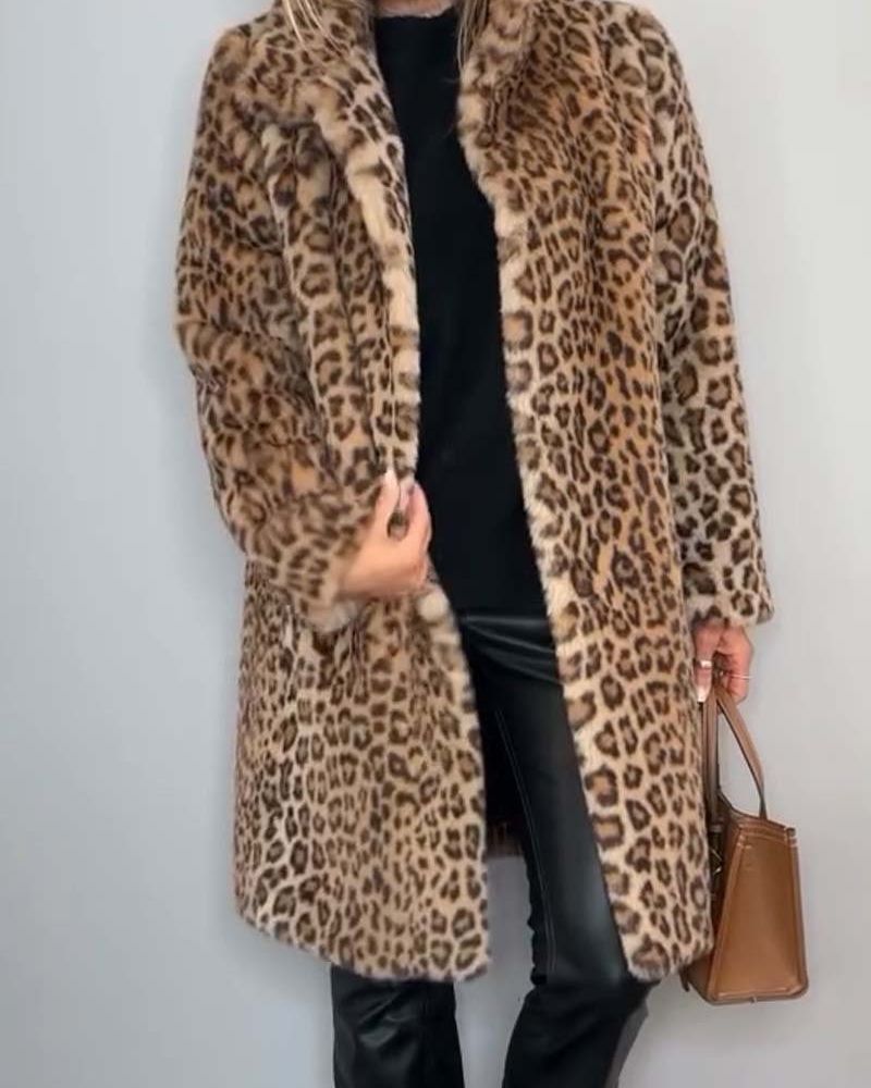 LEOPARD PRINT FAUX FUR MID-LENGTH COAT