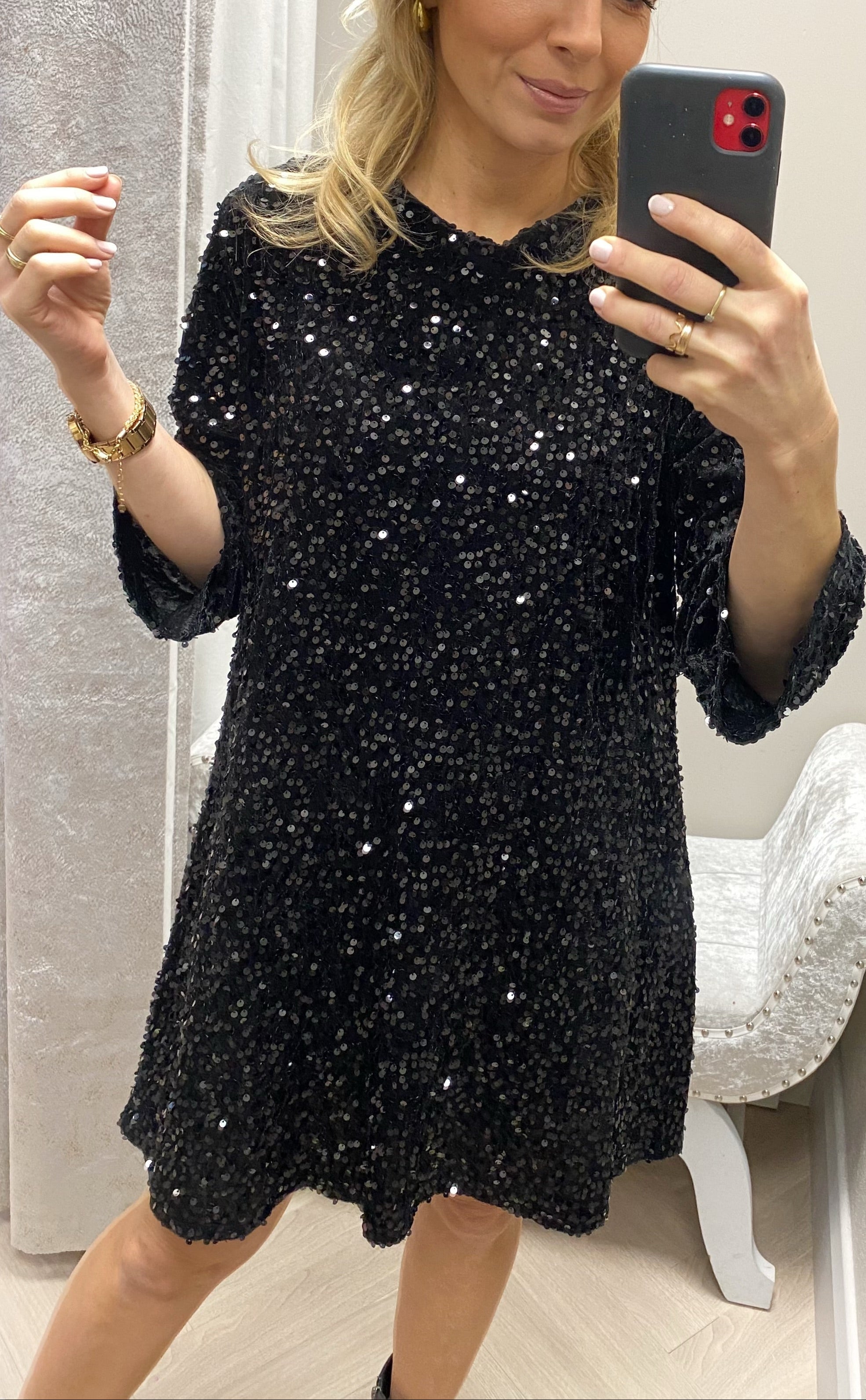 BLACK SEQUIN BOW BACK DRESS