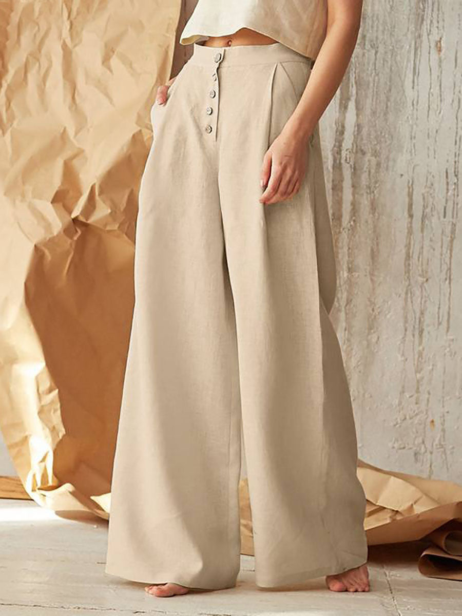 Lunimesd Solid Color High Waist Casual Button Wide Leg Pants