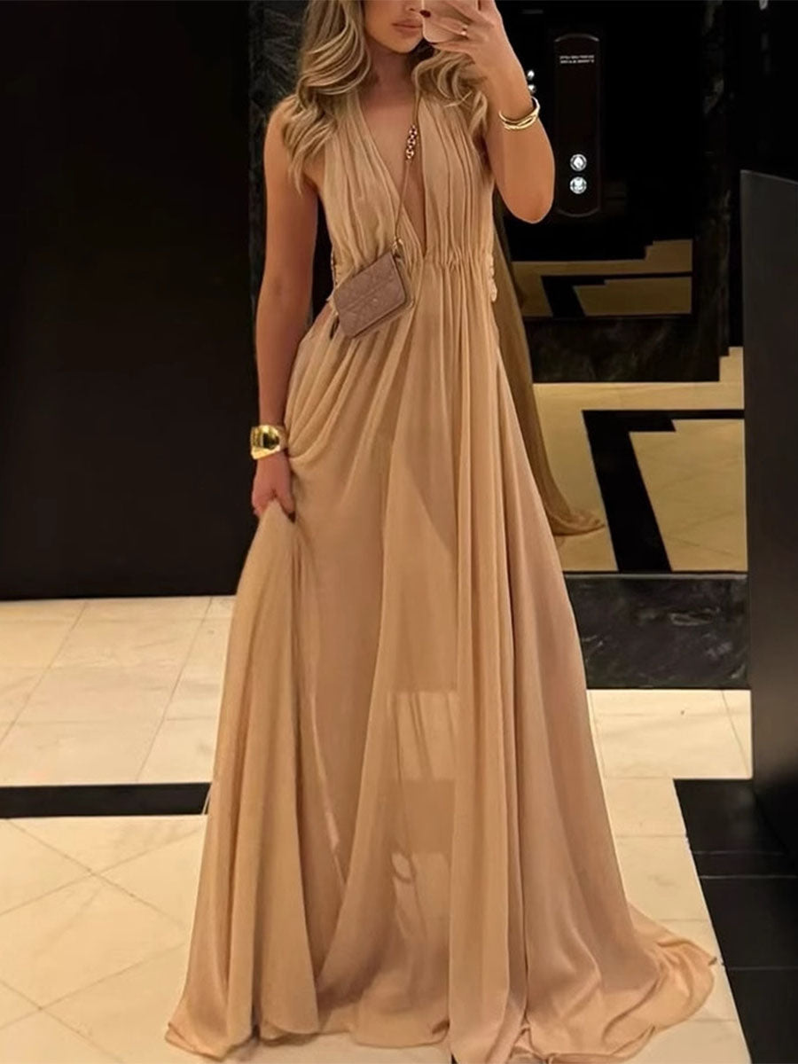 Pleated Halter Evening Dress