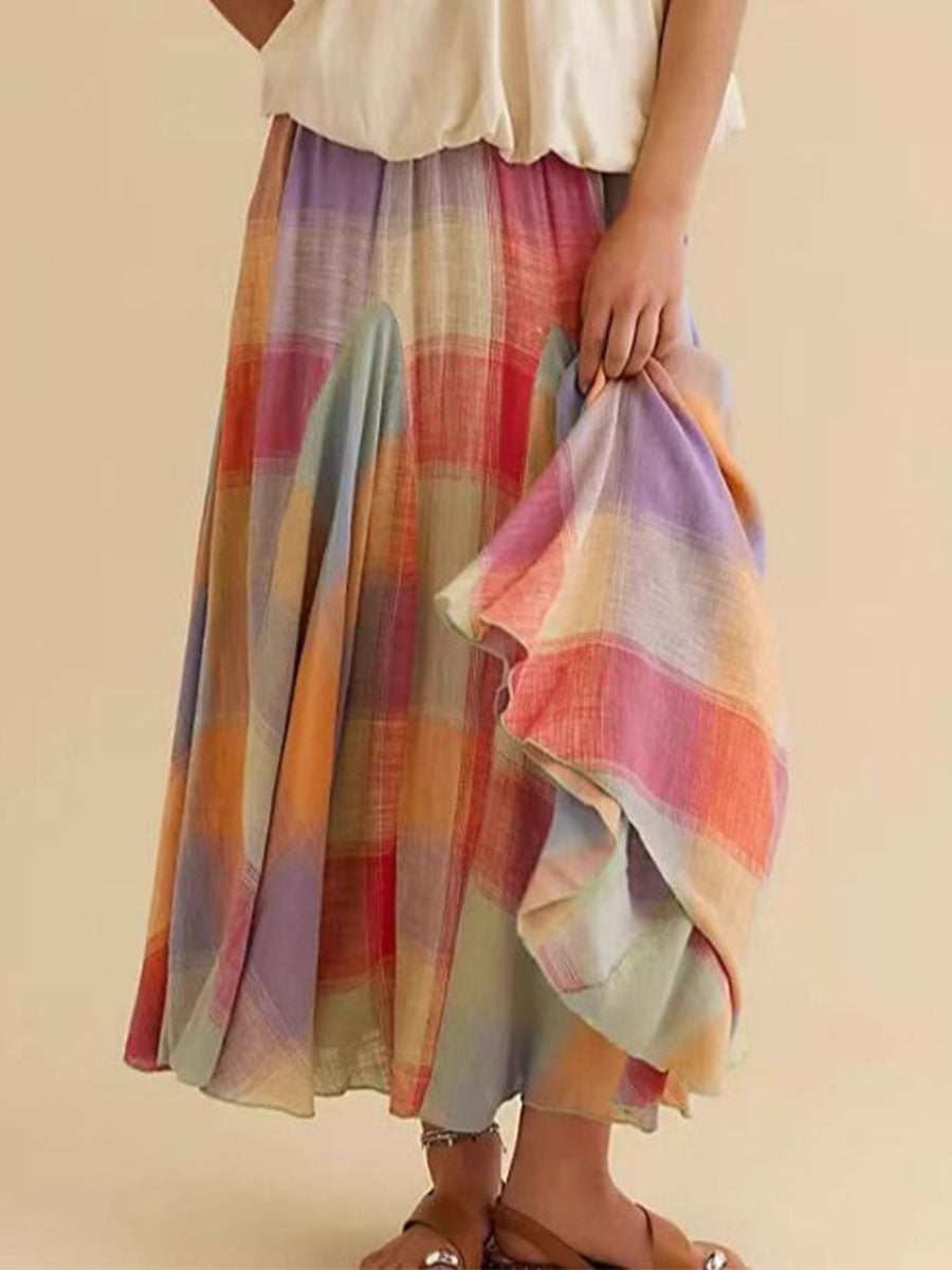 Colorful Flowy Plaid Midi Skirt