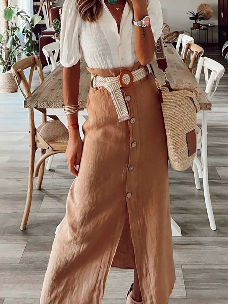 Lunimesd Cotton Linen Button Half Skirt