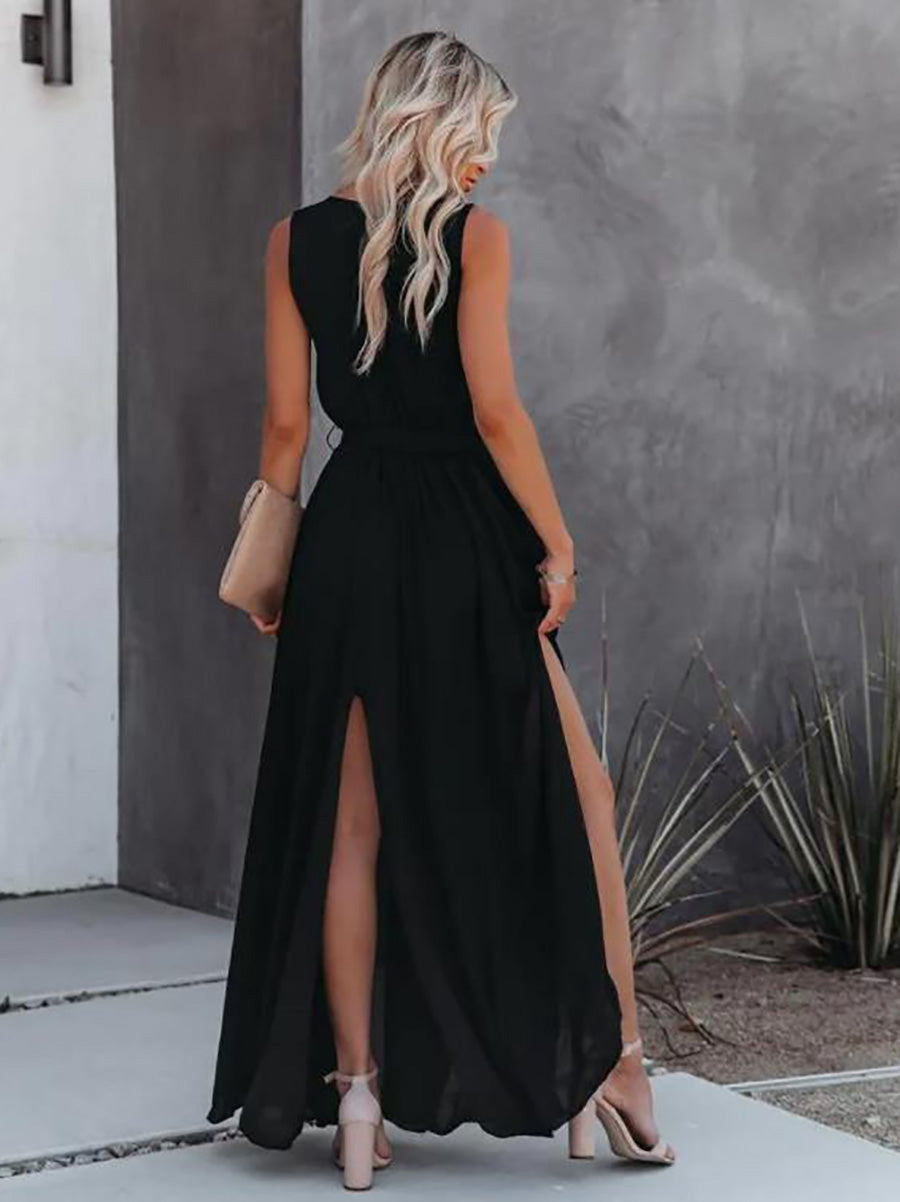 Lunimesd V-Neck Sleeveless Solid Color Dress