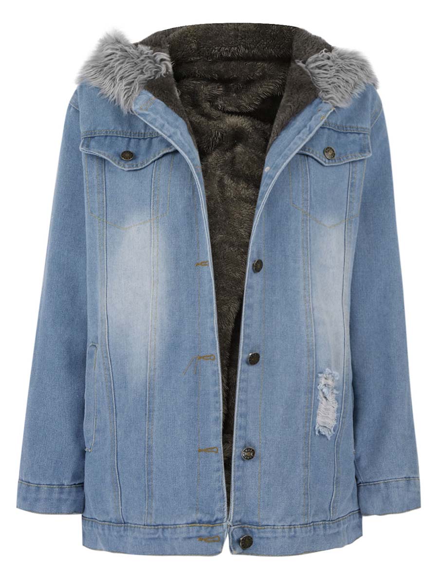 Lunimesd Padded Warm Hole Large Fur Collar Denim Jacket(4 colors)