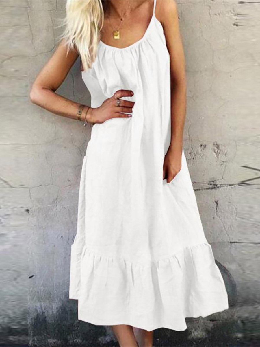 Lunimesd Cotton Linen Halter Solid Color Ruffle Dress