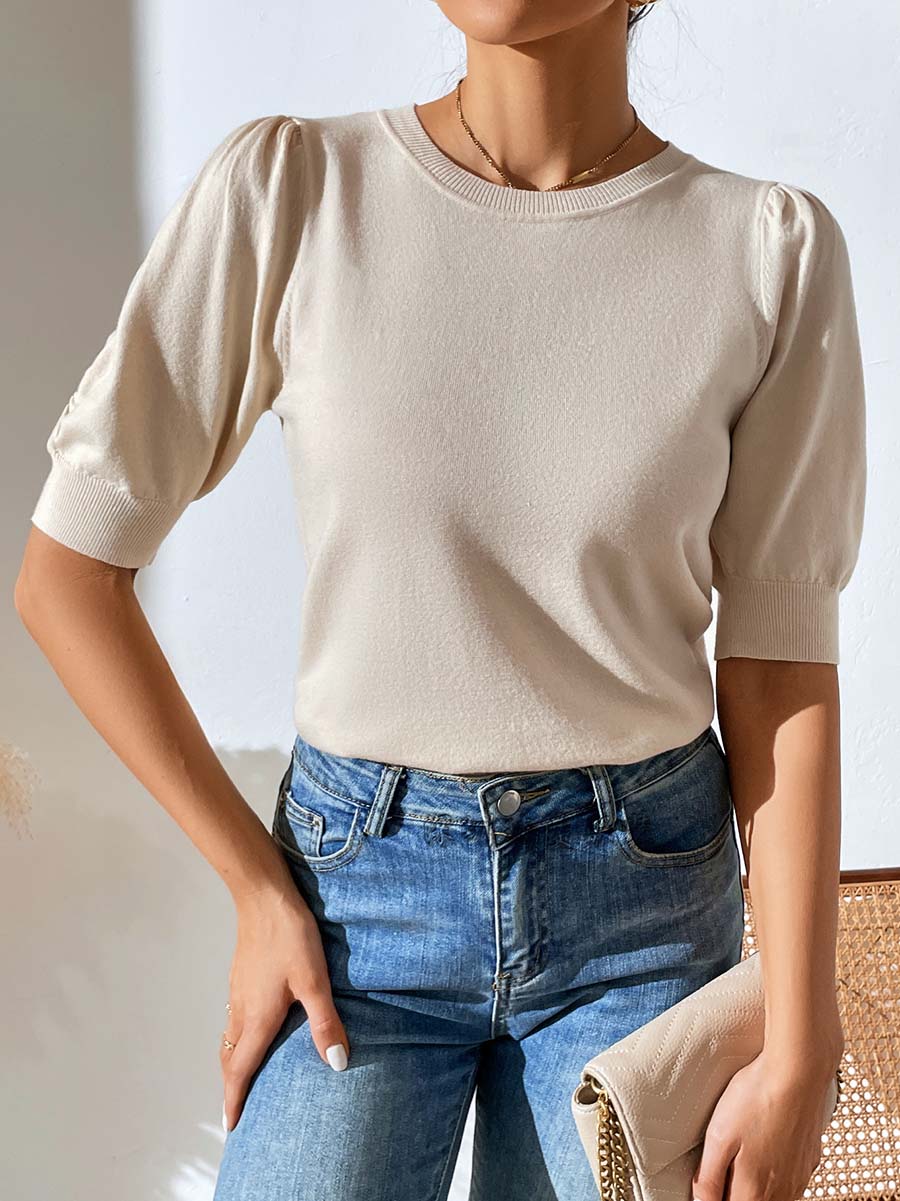 Lunimesd Round Neck Pleated Short Sleeve Solid Color Knit (5 colors)