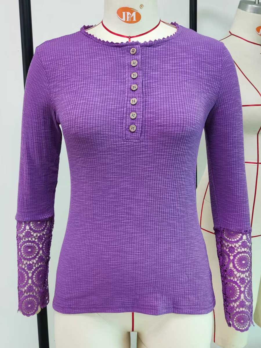 Lunimesd Round Neck Stitching Lace Long Sleeve T-Shirt(14 colors)